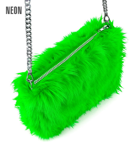 Handtas lang pluche neon groen voor dames vooraanzicht – verkleedkleding