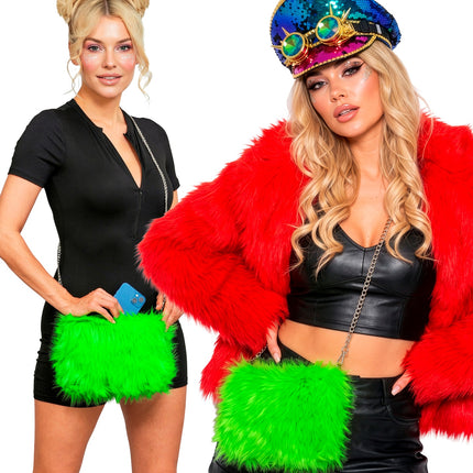 Handtas lang pluche neon groen voor dames detailopname – verkleedkleding