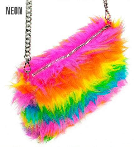 Handtas lang pluche regenboog voor dames vooraanzicht – verkleedkleding