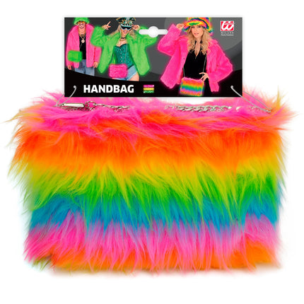 Handtas lang pluche regenboog voor dames zijaanzicht – verkleedkleding