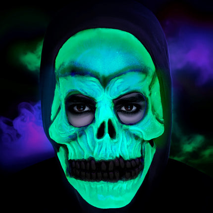 Masker met capuchon schedel latex glow-in-the-dark voor heren close-up – maskers