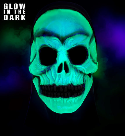 Masker met capuchon schedel latex glow-in-the-dark voor heren vooraanzicht – maskers