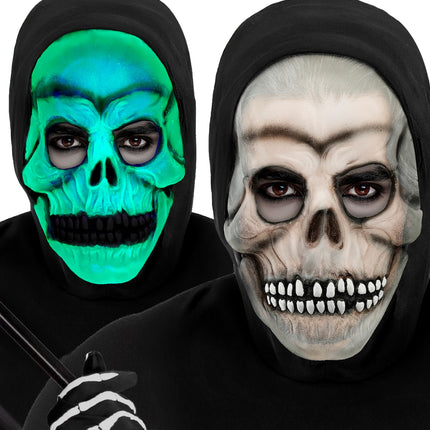 Masker met capuchon schedel latex glow-in-the-dark voor heren detailopname – maskers