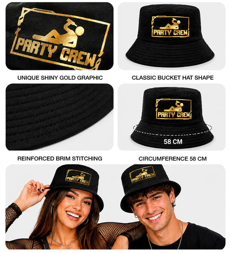 Hoed bucket party crew detail: gouden folieprint, gestikte rand en hoofdomtrek 58 cm