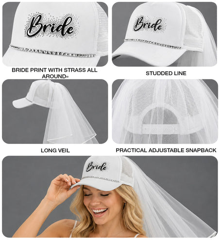 Detailfoto bride pet: strassteentjes, meshpanelen, lange sluier en verstelbare snapbacksluiting