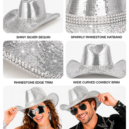Detailcollage zilveren cowboyhoed: pailletten, strass hoedband en brede gebogen rand