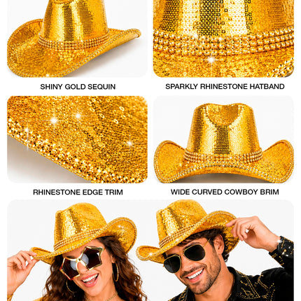 Detailcollage gouden cowboyhoed: pailletten, strassband en brede gebogen cowboyrand