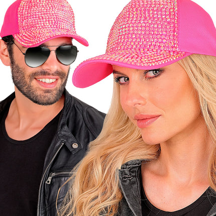 Pet strass neon roze detailopname – hoeden