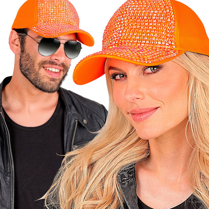 Pet strass neon oranje detailopname – hoeden