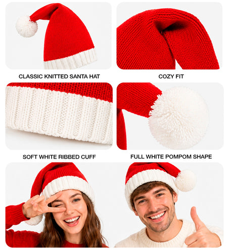 Detailcollage kerstmuts: geribde witte boord, volle pompon en gebreide steken