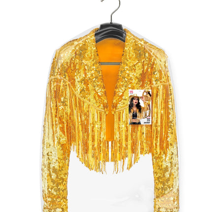 Gouden pailletten colbert met franjes op hanger, met revers en franjes langs mouwen