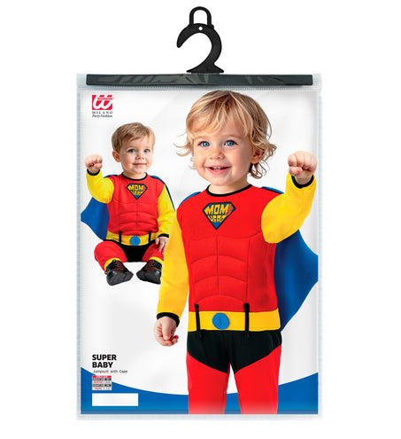 Verpakking superheld babyjumpsuit met cape van Widmann, maat 80 en 98 cm