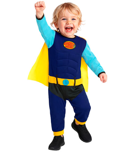 Superheldenjumpsuit baby jongens staand, lichtblauwe mouwen en gele boorden aan de enkels
