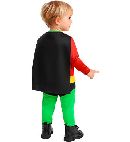 Achterkant van het superheldenpak voor baby's met zwarte cape over de rug