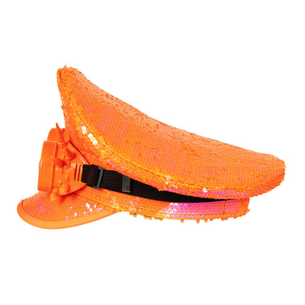 Pet Cosmic neonoranje van opzij met de zwarte band en gesp van de partybril