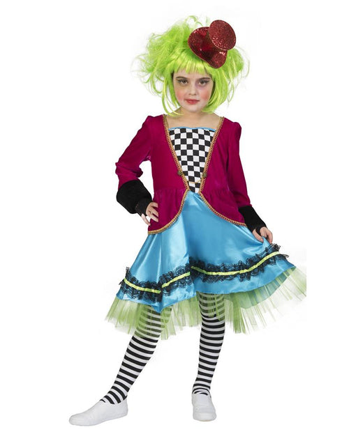 Gek Mad Hatter pak meisje vooraanzicht – carnavalskostuum