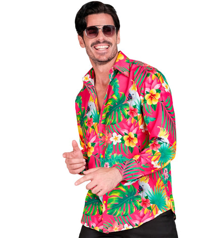 Heren hawaii blouse met neon copacabana print - tropisch shirt voor neon party