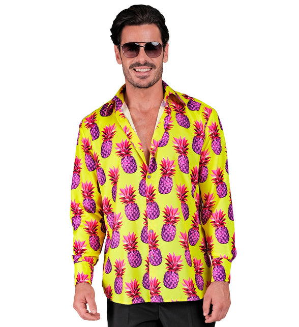 Heren hawaii blouse met neon ananas - tropisch shirt voor neon party
