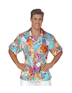 Hawaiishirt flowers multicolor van satijn, tropisch Hawaii hemd heren vooraanzicht