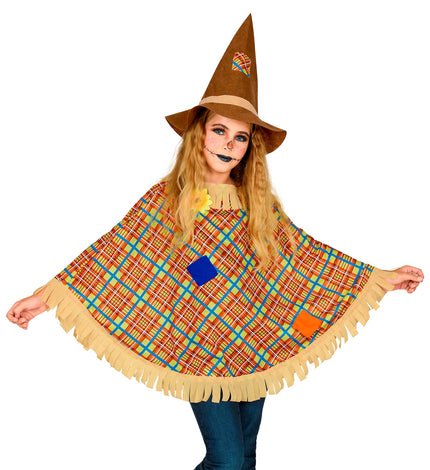 Vogelverschrikker poncho kind - bruine vogelverschrikker cape met hoed voor kinderen