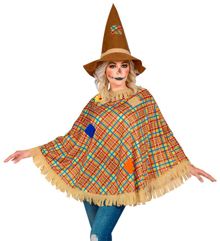 Vogelverschrikker poncho - bruine vogelverschrikker cape met hoed voor verkleedfeest