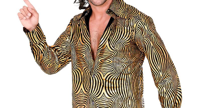Disco shirt jaren 70 goud heren - gouden glitter discoshirt met golvenprint