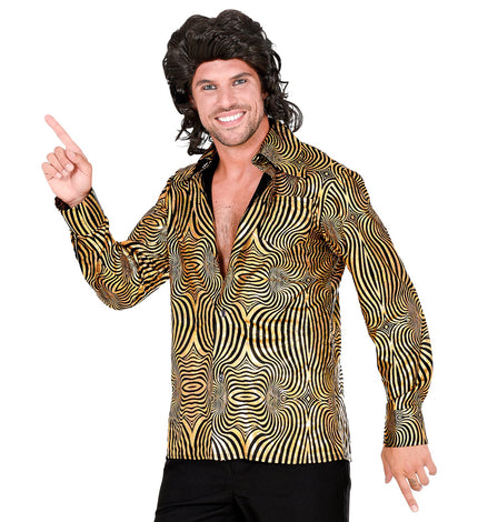Disco shirt jaren 70 goud heren - gouden glitter discoshirt met golvenprint