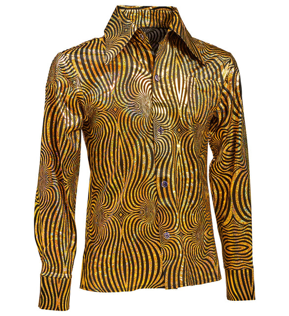 Jaren 70 disco shirt goud detail - gouden golven glittershirt heren retro