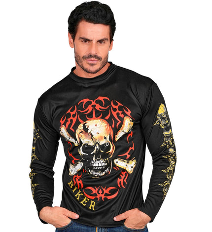 Biker shirt schedel met gekruiste botten, totenkopf rocker T-shirt vooraanzicht