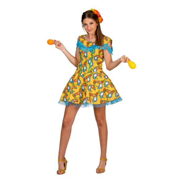 Hawaiiaanse jurk Marit met toekan print achterkant – carnaval outfit