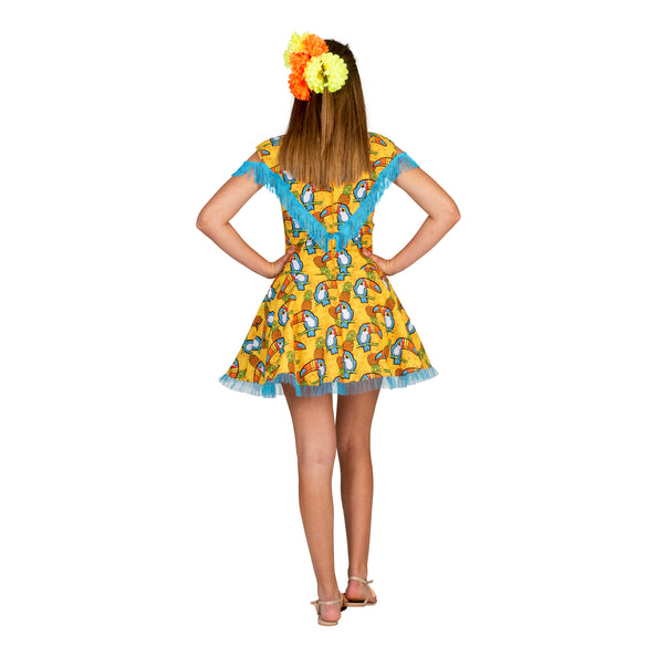 Hawaiiaanse jurk Marit met toekan print stofdetail – verkleedkostuum