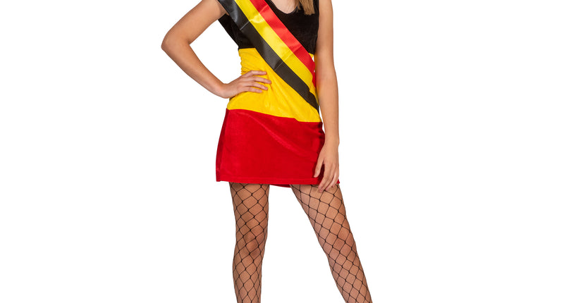 Jurk kostuum Belgische vlag kleuren vooraanzicht – carnavalskostuum