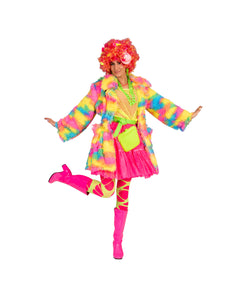 Fuzzy nep bontjas Nina in regenboog kleuren vooraanzicht – carnavalskostuum