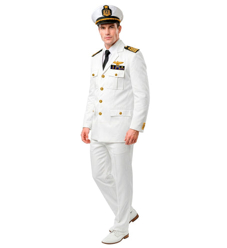 Kapiteinskostuum heren zijaanzicht, wit colbert met goudkleurige knopen en witte broek