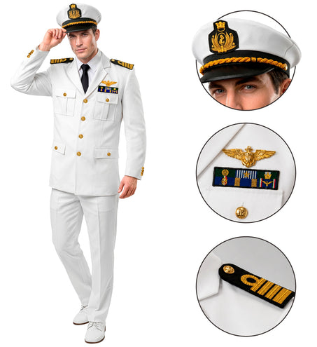 Wit kapiteinskostuum heren met detailfoto's van pet met anker, vleugelinsigne en epaulet