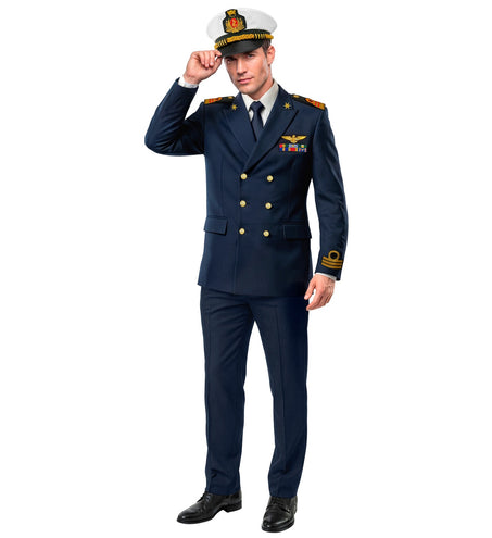 Marine kapitein kostuum heren in donkerblauw met gouden knopen, epauletten en witte pet, vooraanzicht