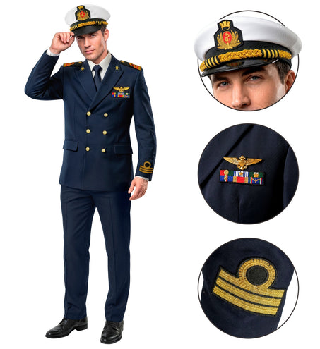 Marine kapitein kostuum heren met detail van witte pet, borstinsigne en gouden mouwgalon