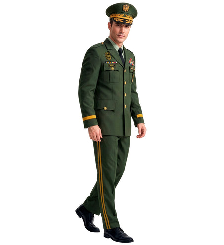 Generaal colbert voor heren van de zijkant, met gouden mouwband en groene broek met streep