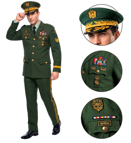 Generaal kostuum heren met detailfoto's van pet met lauwerkrans, medailleballkjes en ARMY-embleem