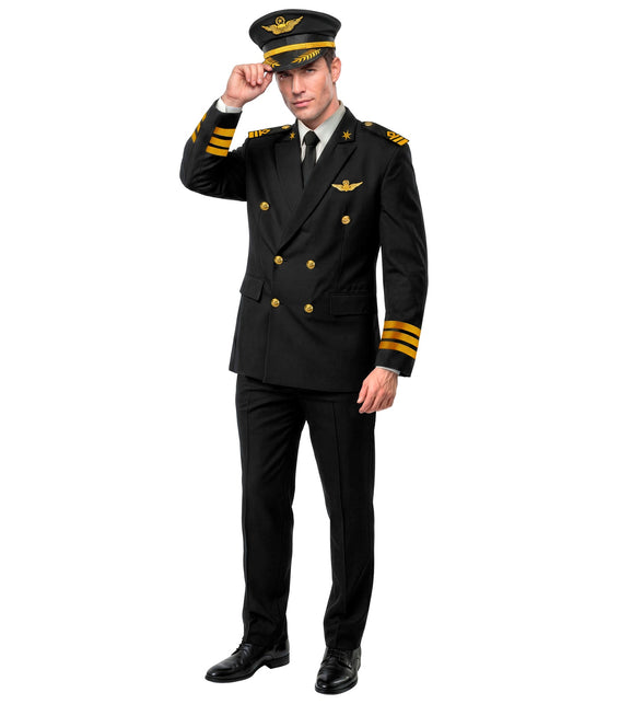 Pilotenkostuum heren met zwart colbert, gouden knopen en pilotenpet voor een themafeest