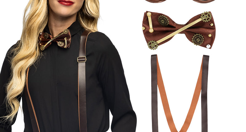 Accessoireset Steampunk 4-delig hoed bril vlinderdas klok