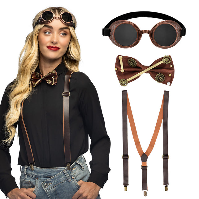 Accessoireset Steampunk 4-delig hoed bril vlinderdas klok