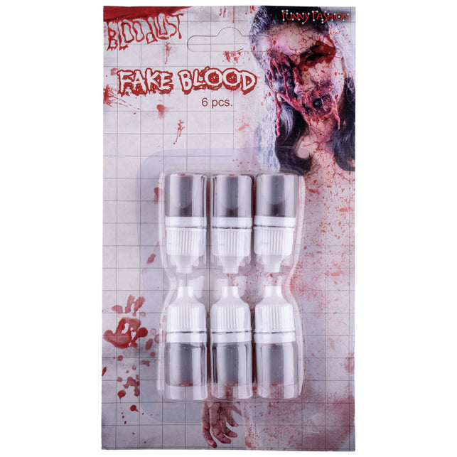 6 flesjes imitatie bloed op blisterkaart met zombieafbeelding, set van zes stuks