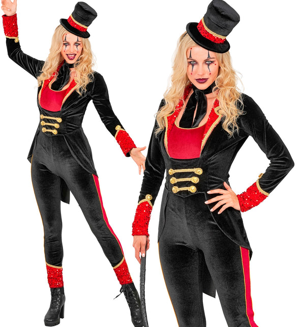 Circusdirecteur jumpsuit dames in zwart fluweel met rode pailletten, gouden tressen en hoge hoed