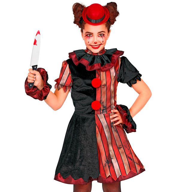 Gemene clownsjurk meisjes in zwart en rood met plooikraag, pompons en rood minihoedje voor Halloween