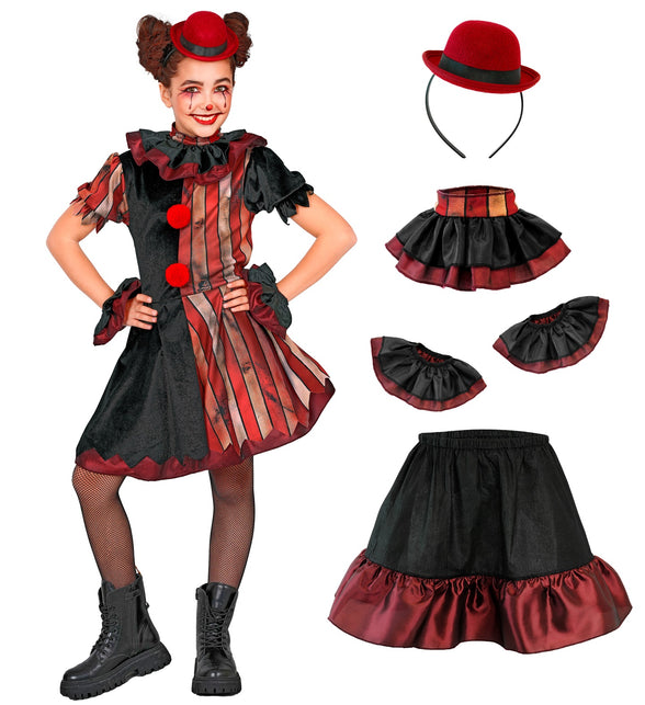 Gemene clownsjurk meisjes met alle onderdelen: jurk, petticoat, plooikraag, manchetten en minihoedje
