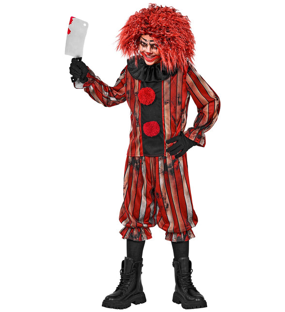 Gemene clownsjas jongens in rood-zwart gestreepte print met rode pompons en zwarte plooikraag, voor Halloween