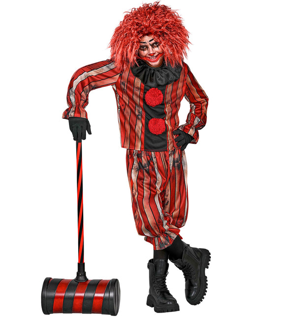 Horrorclownkostuum jongens volledig gedragen: gestreepte jas, pofbroek en plooikraag