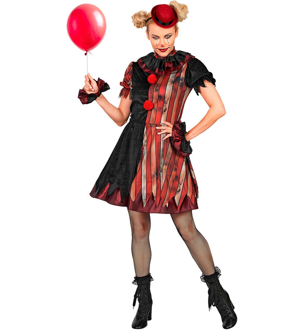 Clownsjurk dames vooraanzicht met zwart lijfje, rood-grijze streepprint en pofmouwen