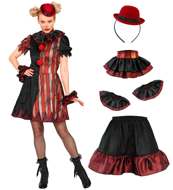 Gemene clownsjurk dames set met petticoat, plooikraag, manchetten en rood mini-hoedje